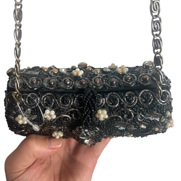 Mary Frances Black Beaded Pearl Rhinestone Silver Evening Shoulder Bag EC - Picture 6 of 16